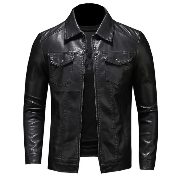 Jaqueta de couro de motocicleta masculina tamanho grande bolso preto zíper lapela slim fit masculino primavera e outono casaco pu de alta qualidade M-5Xl 240122