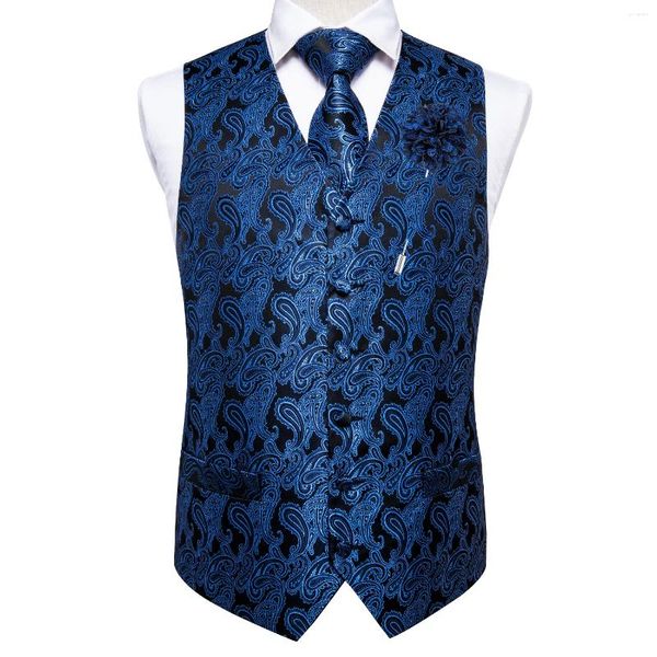 Gilet da uomo Hi-Tie Uomo Seta Blu navy Nero Gilet con motivo cachemire Cravatta Hanky Gemelli Spilla Set per abito da festa di nozze Designer