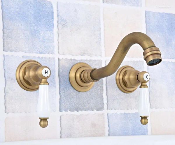 Rubinetti per lavandino del bagno Doppie maniglie in ceramica Montaggio a parete Ottone antico 8 