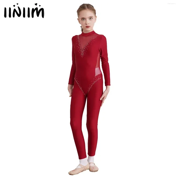 Stage Wear Crianças Meninas Sheer Malha Bodysuit Manga Longa Unitard Figura Patinação Ginástica Dança Desempenho Traje Brilhante Strass Macacão