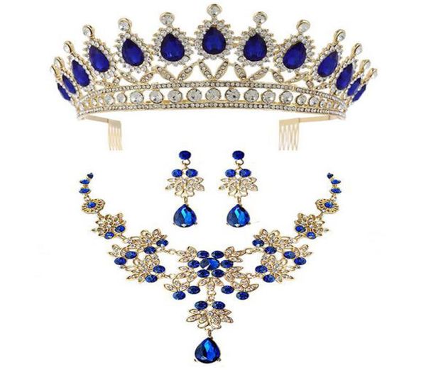 Copricapo di design Accessori per abiti da festa di nozze Corona Collane Orecchini Tre pezzi Designer Diamante Blu Rosso Verde Bi7055597