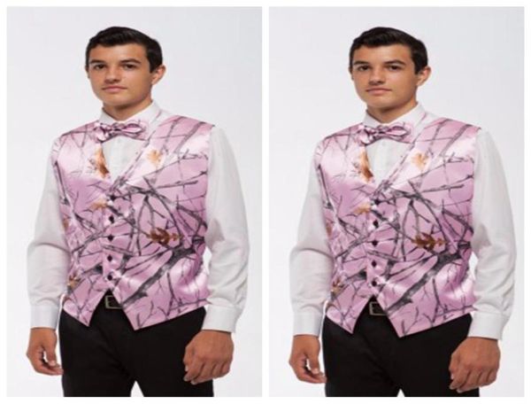 Barato 2019 rosa camo homens coletes com gravata camuflagem noivo padrinho colete barato cetim personalizado coletes de casamento formal país Groom2707369
