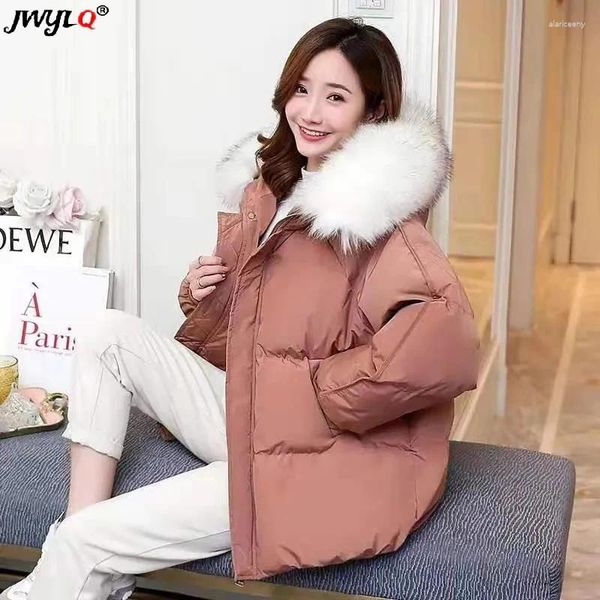 Trench da donna 2024 Inverno spesso con cappuccio collo in pelliccia sintetica Parka moda coreana giacche corte allentate classico basic oversize