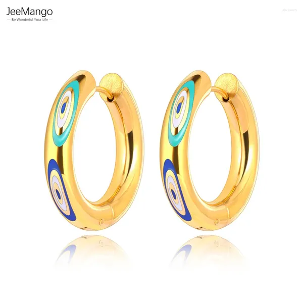 Brincos de argola JeeMango Grosso Aço Inoxidável Olhos Azuis Chunky Huggie À Prova D 'Água 18 K PVD Banhado Moda Jóias Anti Alérgico JE23108