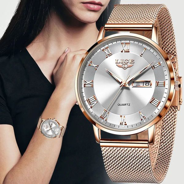 Lige moda feminina relógio de topo marca luxo ultra-fino malha relógio para mulher casual esporte quartzo data cronógrafo relógios feminino 240129
