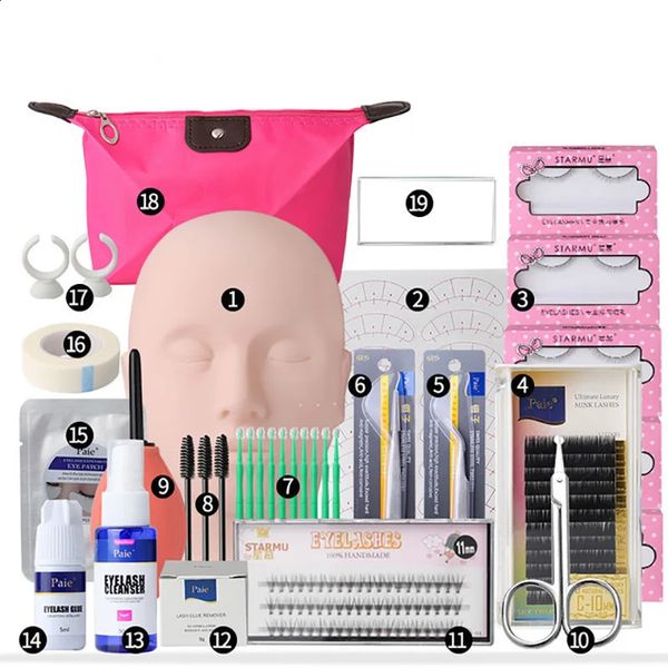 Kit de treinamento de extensão de cílios postiços, modelo de prática, almofadas de cabeça, pinça, anel de cola, escova de enxerto, kit de ferramentas de cílios 240119