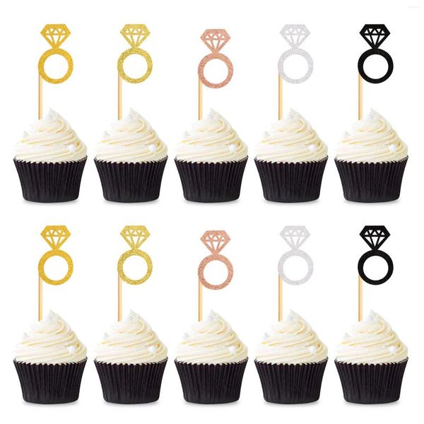 Forniture per feste 10 pezzi / set Toppers cupcake in oro rosa Torte con anello di diamanti Topper per decorazioni per torte nuziali addio al nubilato Addio al nubilato