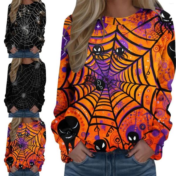 Hoodies femininos camisa baggy senhoras tripulação pescoço manga longa impressão de halloween moletom com capuz moda solta superior zip treino feminino