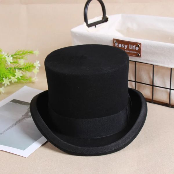 Lã plana homem topo chapéu moda fedora chapéus versátil panamá mágico boné cavalheiro cilindro cinta steampunk unisex elegante 240130
