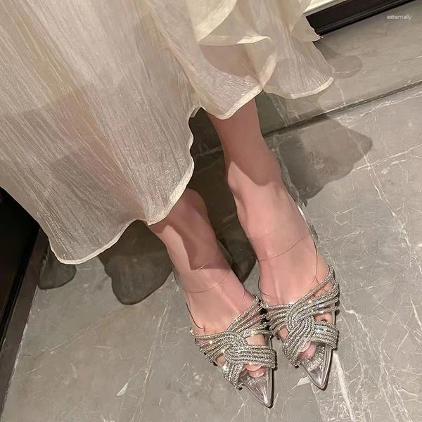 Sandálias Empurre!Pernas longas!Sapatos Mueller de ponta de Reno transparente vermelho líquido usam semi-chinelos de salto alto femininos