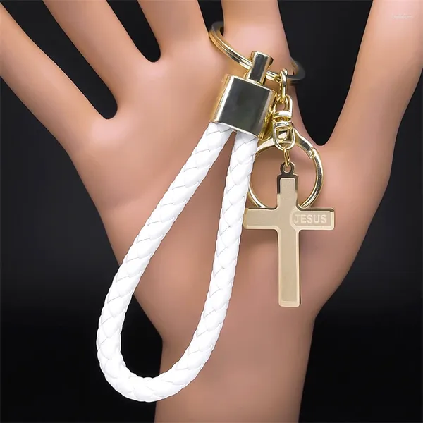 Schlüsselanhänger Jesus Kreuz Edelstahl Anhänger Schlüsselbund Für Frauen Männer Gold Farbe PU Leder Christian Schlüsselring Halter Schmuck Porte Cles