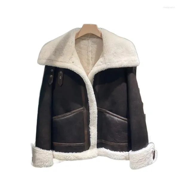 Jaquetas femininas Casaco de suéter de couro grande lapela curta versão solta tipo cor contraste único breasted quente e confortável outono/inverno