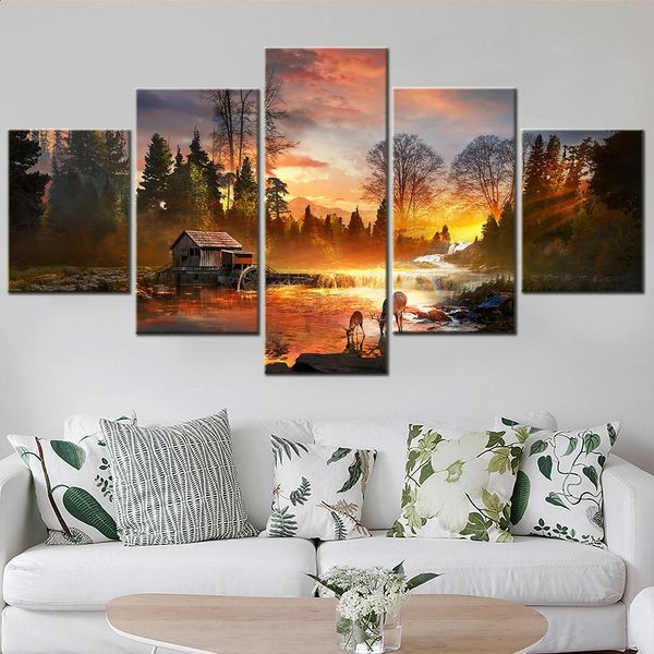 Natureza rio veados pôr do sol cenário arte da parede conjunto de lona modular paisagem pintura imagem para sala estar decoração posts 240130