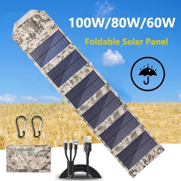 Pannello solare pieghevole da 100 W/80 W/60 W Caricatore solare USB 5 V Caricatore solare portatile per cellulare esterno per cavo da campeggio 240124