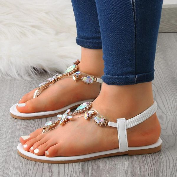 Chinelos senhoras moda verão strass elástico banda plana flip flops sandálias de praia exterior