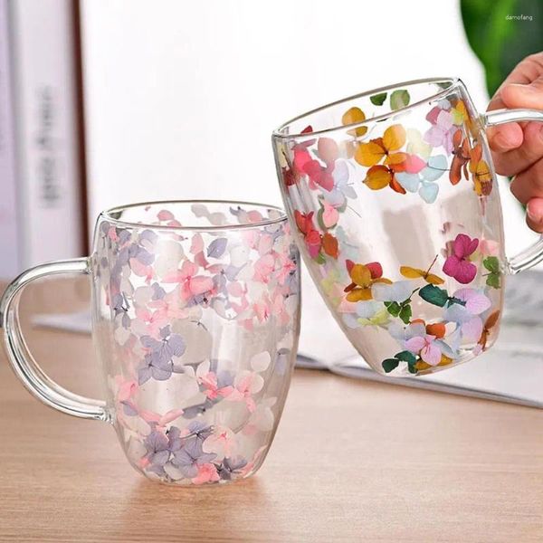 Copos de vinho 200/350ml copo de vidro de dupla camada com decoração de flores secas e requintado beber café isolado drinkware presente para meninas