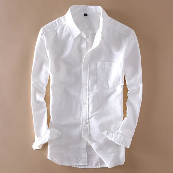 Elegante masculino manga longa camisas de linho branco turn-down colarinho fino ajuste solto macio respirável roupas camisas de linho de algodão M-XXXL 240124