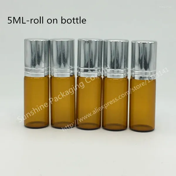 Frascos de armazenamento 500pcs 5ml rolo no frasco de perfume 5 ml óleo essencial âmbar pequeno recipiente de rolo de vidro marrom