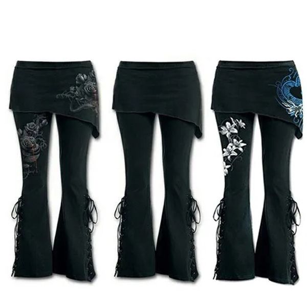 Kadınlar Siyah İşlemeli Sıradan Bandaj Fişekleri Punk Dant Yukarı Çan Toz Tozluklar Vintage Cepler Katı Sonbahar Y2K Pantolon 240129