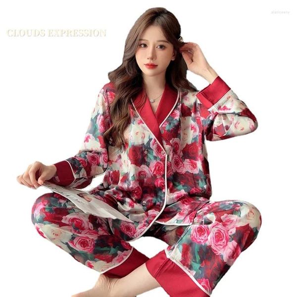 Indumenti da notte da donna Primavera Estate Donna Poliestere di seta sintetica Elegante pigiama Set Pigiama di lusso casual da donna sexy Homewear Donna