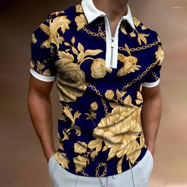 Polo da uomo con motivo floreale Polo da uomo con stampa 3D hawaiana con cerniera, manica corta estiva