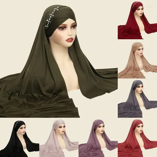 Ethnische Kleidung für Damen, modisch, mit Strasssteinen, Schal, muslimische Dame, trägt direkt sofort Hijab, arabische einfarbige Khimar-Turban