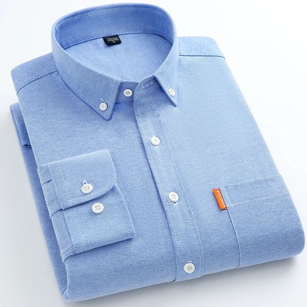Algodão oxford camisas de manga longa para homens cor sólida retalhos etiqueta regular ajuste camisa casual negócios macio inteligente roupas diárias 240202