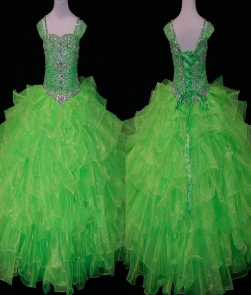 Bonito limão verde criança meninas pageant vestidos de baile organza babados boné mangas curtas menina cristal grânulo flor meninas dr2823275