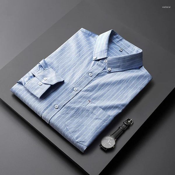 Camisas casuais masculinas primavera e outono oxford pano puro algodão listrado camisa de manga comprida negócios não-ferro (grande tamanho plus size)