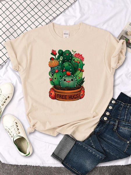 T-shirt da donna Simpatica pianta di cactus Abbracci gratuiti Divertente stampa Kawaii Top stile cartone animato femminile Camicia ampia estiva oversize