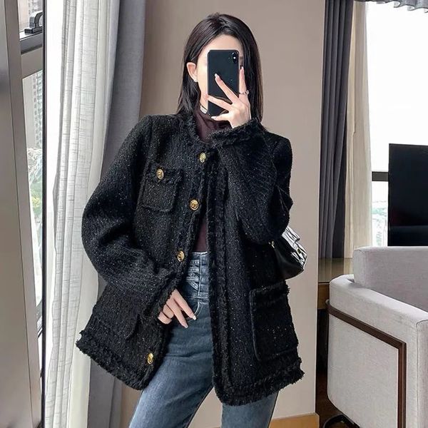 Lucyever Temperament Tweed Schwarze Jacke Frauen Elegante Verdicken Einreiher Oberbekleidung Damen Koreanische mit Tasche Büro Mantel 240118