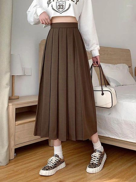 Saias longas saia marrom 2024 verão moda coreana cintura alta preto midi mulheres elegantes uma linha meninas plissadas cinza primavera