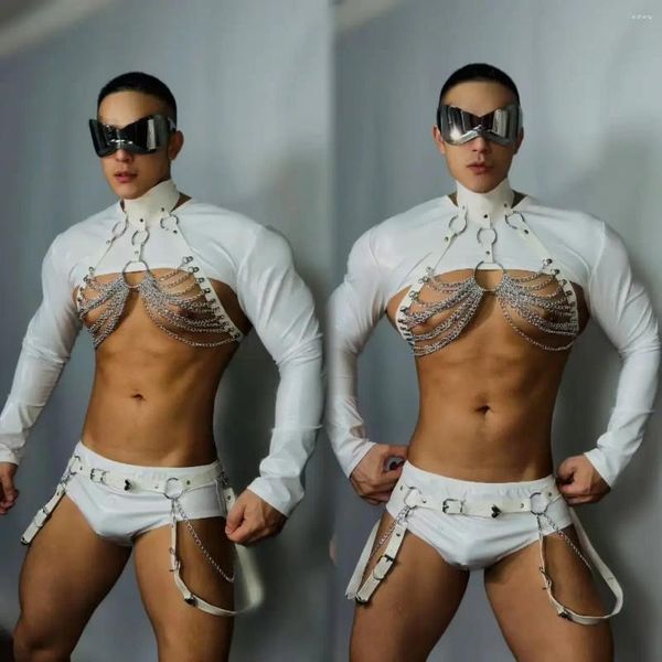 Palco desgaste sexy branco dançarino desempenho traje masculino pólo dança músculo homem peito cintura corrente festa rave roupas vdb7568