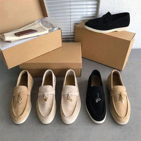 Loro mocassins Walk Charms camurça Mocassins Damasco sapatos Verão Genuíno couro homens casuais deslizamento em apartamentos mulheres Designers de luxo vestido plano fábrica de sapato X2JL #