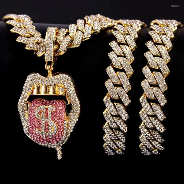 Colares Pingente Hip Hop Dólar Língua Colar Para Homens Mulheres Bling Strass Cuban Link Chain Iced Out Charm Jóias