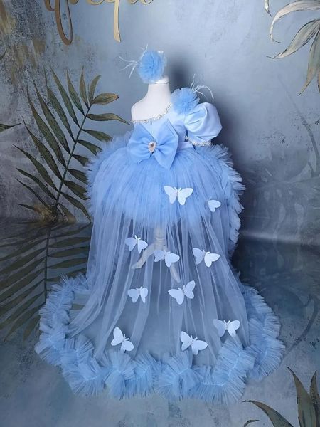 Mädchenkleider Blaue Prinzessin mit abnehmbarer Schleppe Kleinkinder Ein-Schulter-Blumenkleid 3D-Schmetterling Kindergeburtstagsparty-Kleider