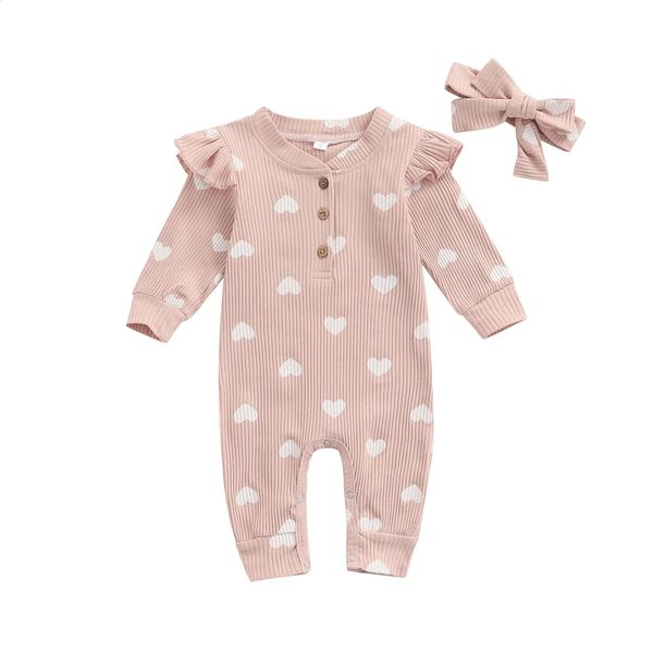 Одежда для маленьких девочек для новорожденных, весенне-осенние костюмы, вязаный комбинезон с длинными рукавами и принтом сердца, комбинезон с повязкой на голову, наряд 240202