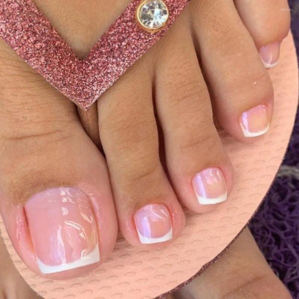 Unhas Falsas 24 pcs Francês Falso Toenails Rosa Gradiente Cobertura Completa Curto Quadrado Toe Pé Dicas para Mulheres Meninas