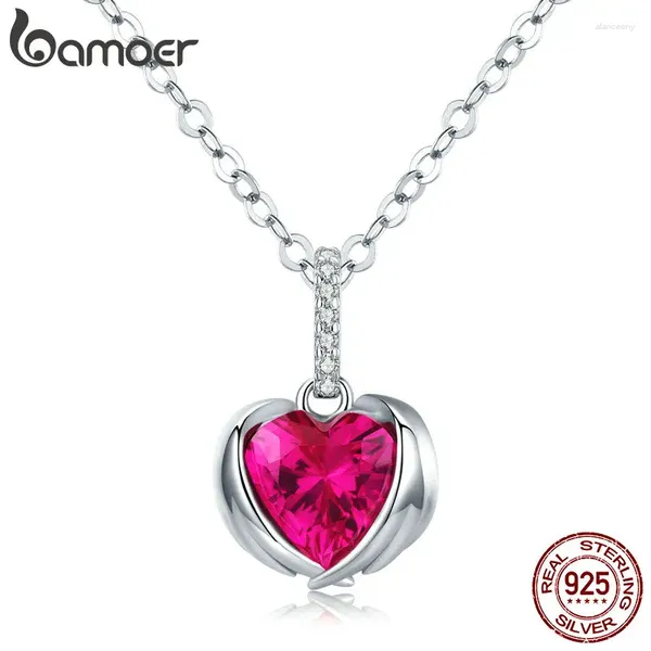 Pingentes Bamoer Red Heart Guardian Wing Pingente Colares para Mulheres AAA Cubic Zirconia Chain Link 925 Sterling Silver Jewelry SCN341