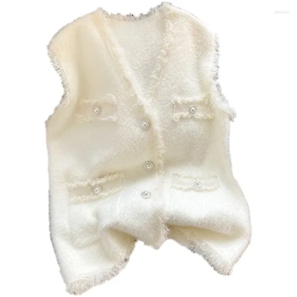 Coletes femininos branco solto roupas cor sólida sem mangas topos senhoras casual cardigan outono inverno fino moda botões casaco