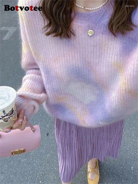 Suéter feminino botvotee gradiente suéter feminino outono inverno 2024 moda vintage manga comprida jumpers casual mohair o pescoço de malha