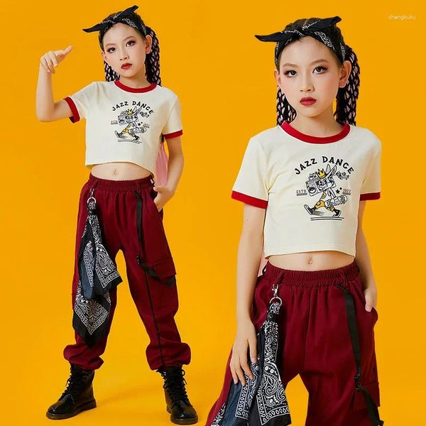 Bühne tragen 2024 Jazz Dance Kostüme für Kinder Kindertag Crop Tops Cargo Hosen Straße Mädchen Hip Hop Kleidung DQS12569