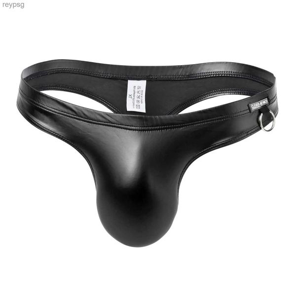 Cuecas calcinha inteligente-menmode sexy couro falso tanga homens roupa interior t-back cuecas tanga hombre lingerie baixa ascensão preto metal anel decoração yq240215