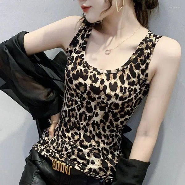 Damen Tanks 2024 Sexy Leopardenmuster Weste Abnehmen Stretch ärmellose Bodenbildung Anti-Exposition innere Hosenträger Oberbekleidung T-Shirt Flut