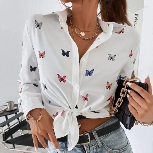 Blusas femininas outono 2024 moda superior impressão camisa de manga longa borboleta pouco amor gola polo botão cardigan feminino