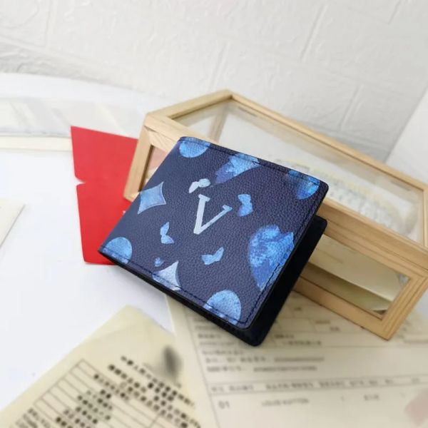 Erkek cüzdan deri tasarımcılar mavi halo desen cüzdanlar lüks deri kısa cüzdan kart tutucu cüzdan klasik cep çantası orijinal kutu m80464