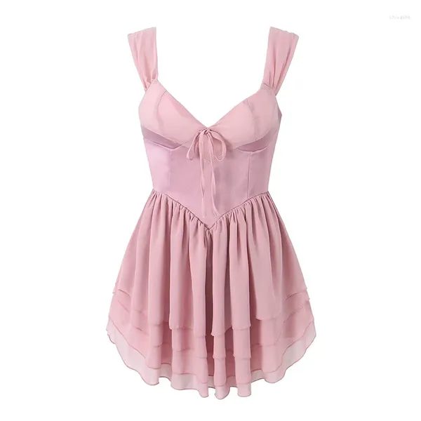 Vestidos casuais yenkye doce mulheres rosa rosa cetim retalhos chiffon sling vestido verão feminino festa mini robe skate