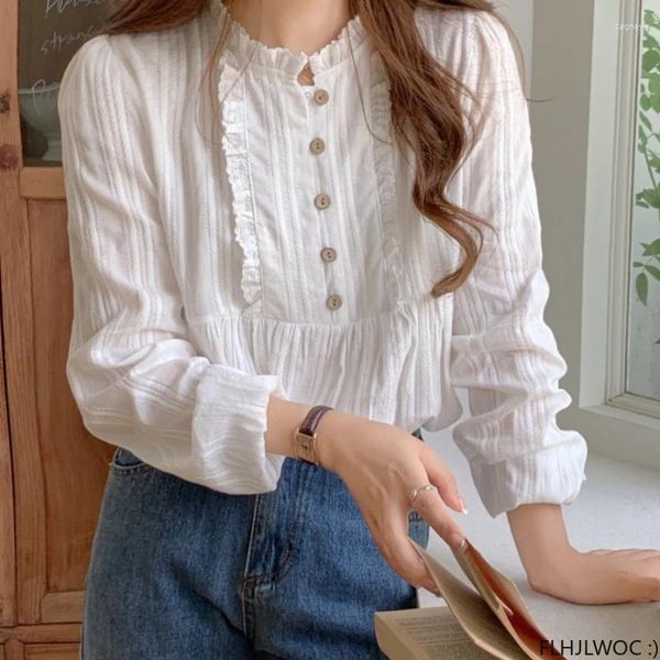 Blusas femininas babados bonitos topos estilo preppy vintage japonês coreia design escritório senhora botão elegante formal branco camisas básicas blusa