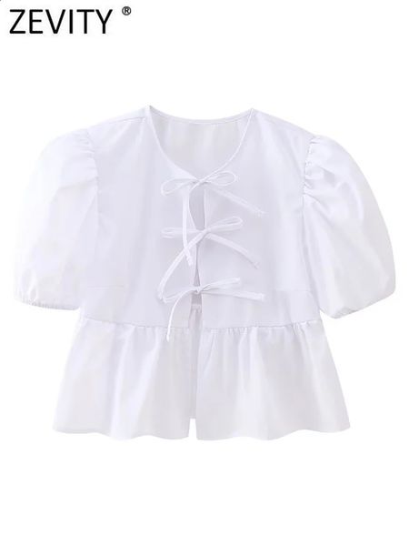 Zevity feminino doce plissado manga puff laço amarrado rendas até em camadas blusa senhora do escritório camisa chique chemise blusas topos ls5929 240123