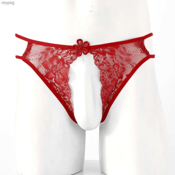 Cuecas calcinha sexy masculina flor padrão renda g-string sissy crossdress roupa interior roupa de noite cintura baixa crotchless t-back tangas yq240215